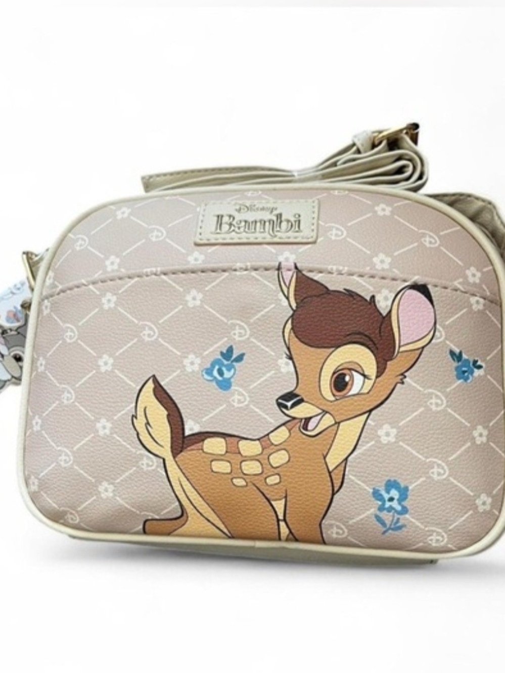 Primark Bambi Crossbody Bag in Beige with Brown and Blue Accents